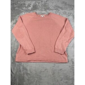 Orvis Women's Large Pink Knit Sweater Elbow Patches Side Slit Pullover